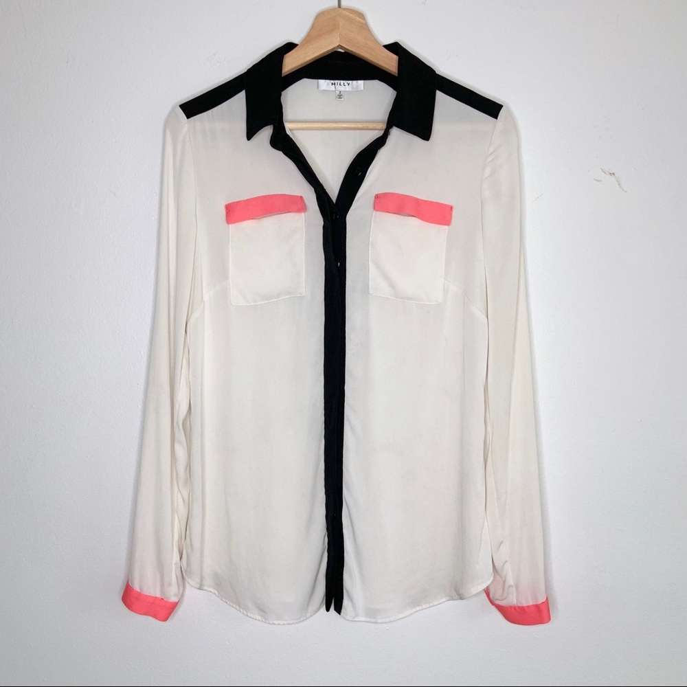 MILLY White Miranda Stretch Silk Colorblock Shirt.